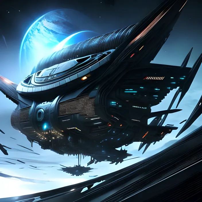 a futuristic spaceship flying over a planet