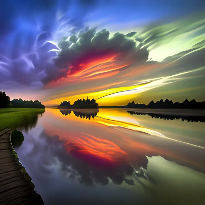 a colorful sunset over a lake with a dock