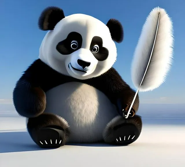 a panda bear holding a feather