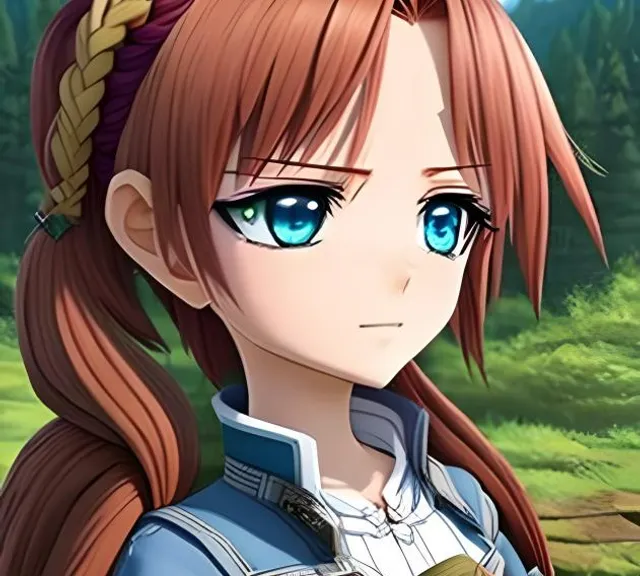 an anime girl with blue eyes standing in a forest