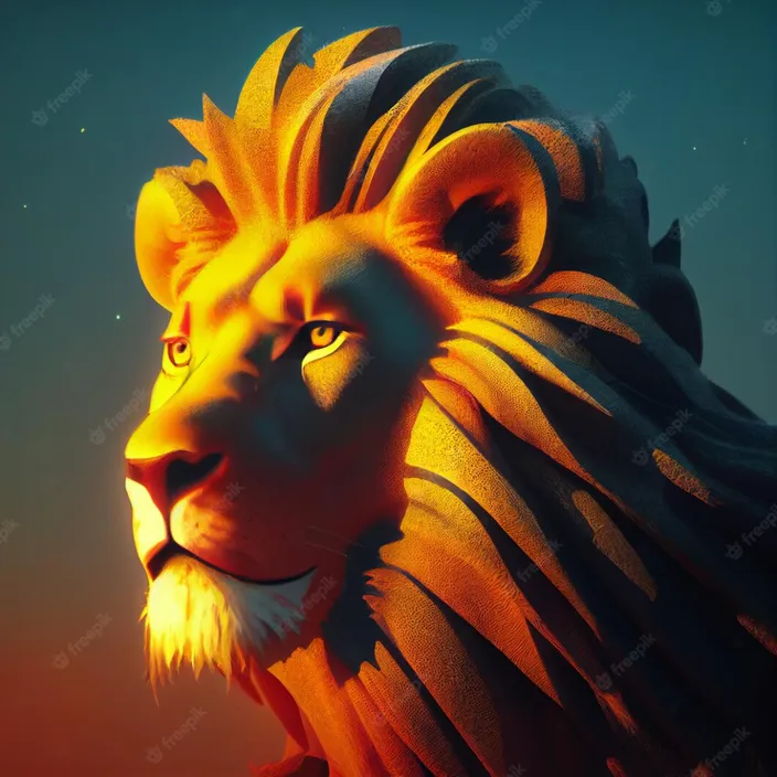 a lion's head with a sunset background