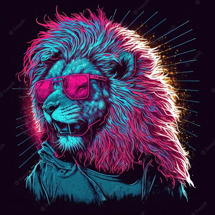 a lion with sunglasses on a dark background