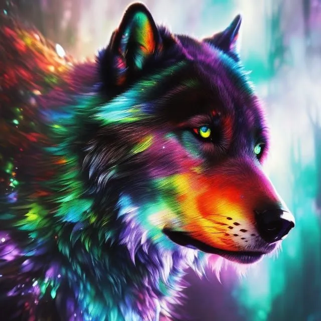 a colorful painting of a wolf in the forest