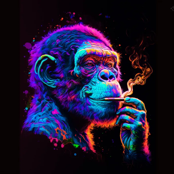 a colorful painting of a chimpanzee smoking a cigarette