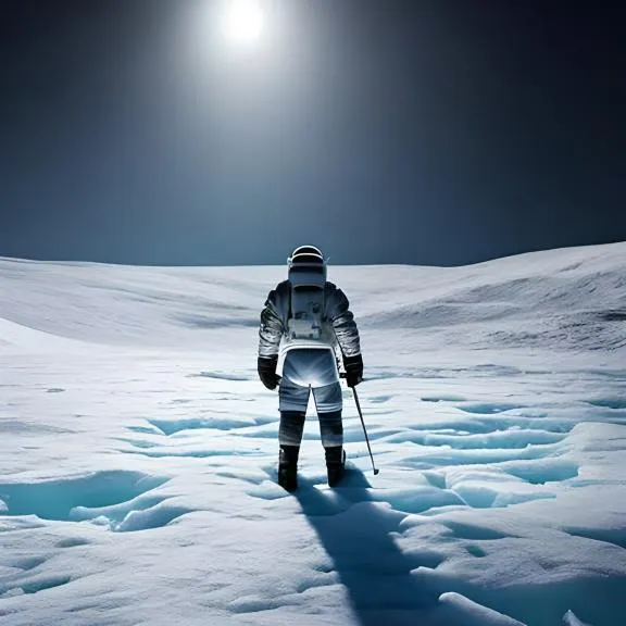 an astronaut standing in the snow with the moon behind him