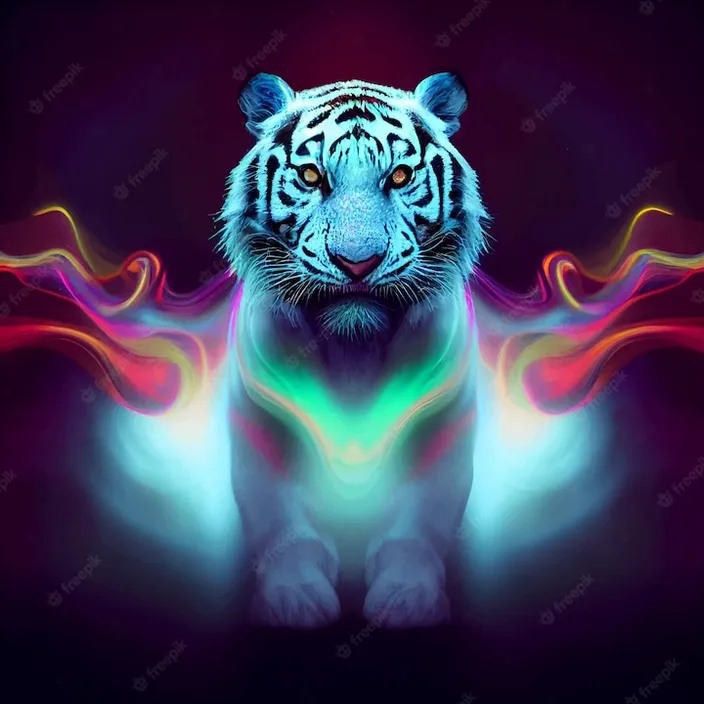 a white tiger on a black background with colorful smoke