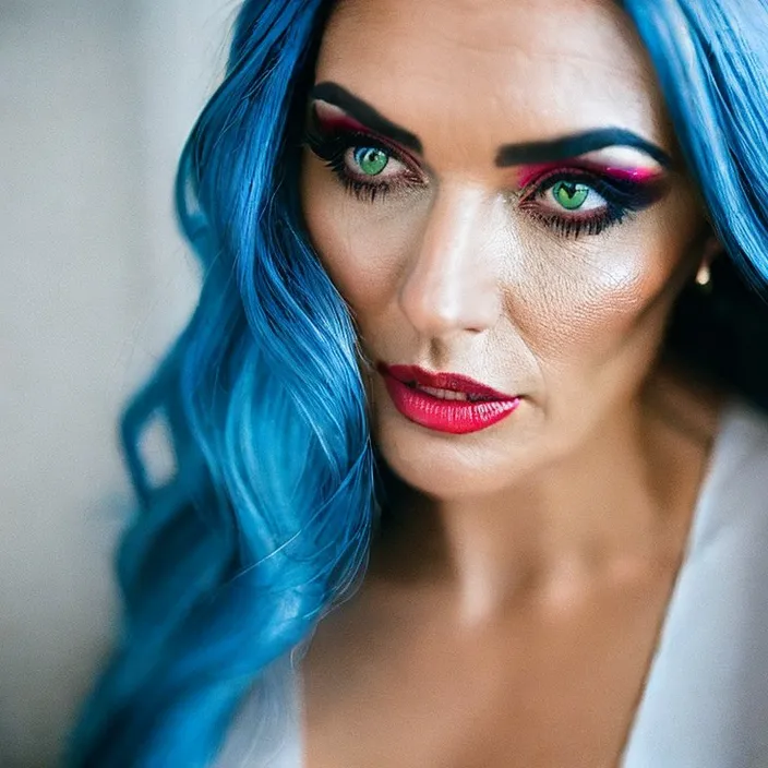 a woman with blue hair and colorful makeup