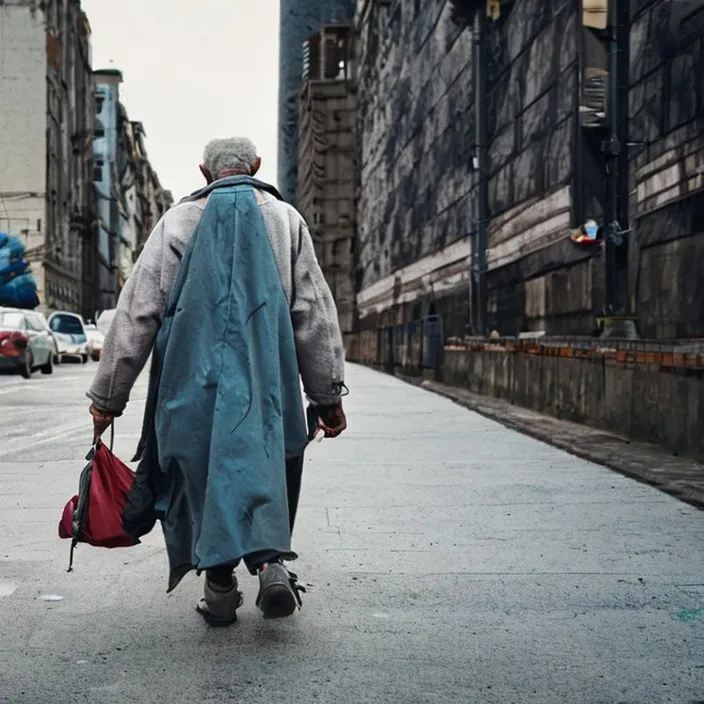 an old man walking down the street with a bag