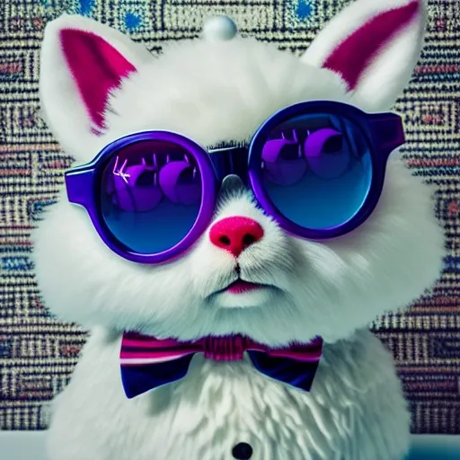 a white cat wearing sunglasses and a bow tie