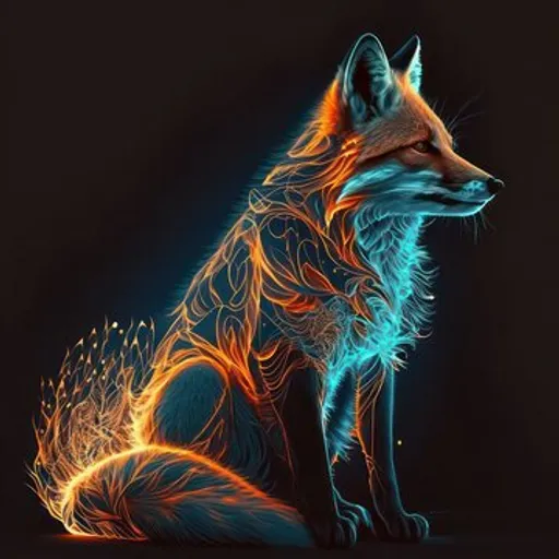 a fox with blue and orange flames on a black background