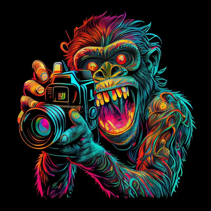 a gorilla holding a camera on a black background