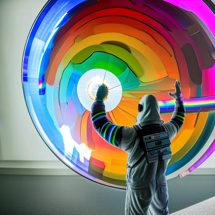 a man in a space suit standing in front of a colorful wheel