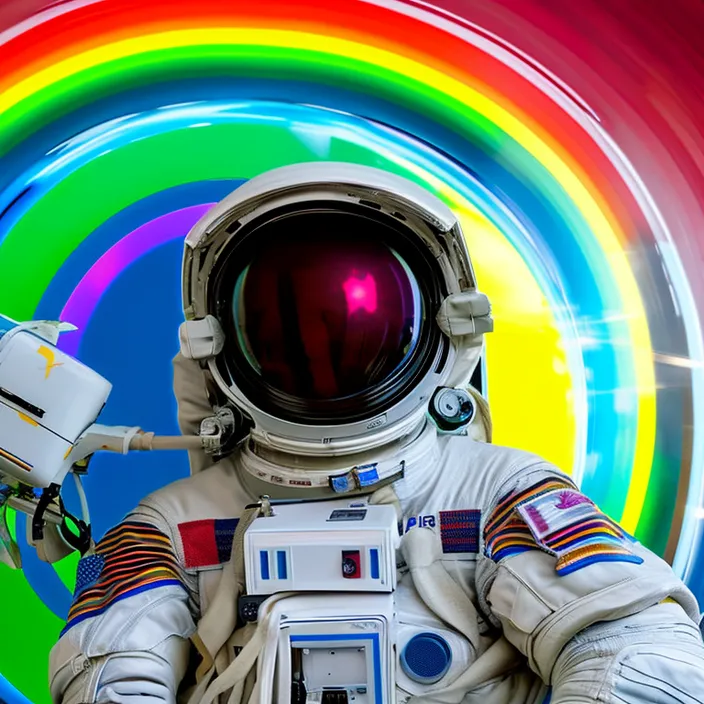an astronaut in front of a rainbow colored background