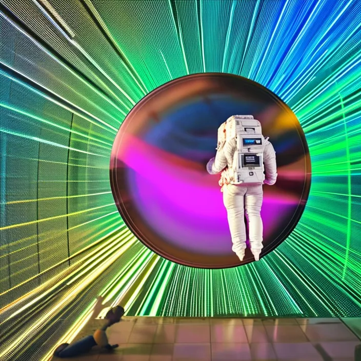 an astronaut is standing in front of a colorful light tunnel