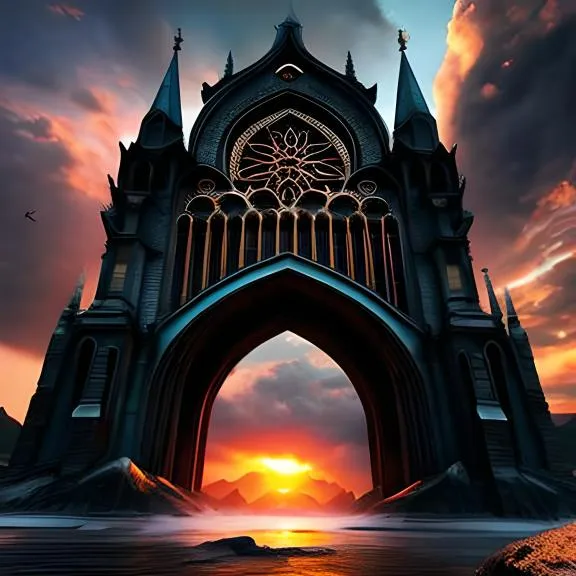 an image of a gothic castle at sunset