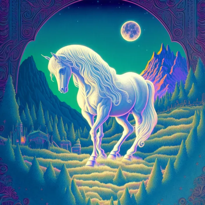 a white unicorn standing in a field with a moon in the background