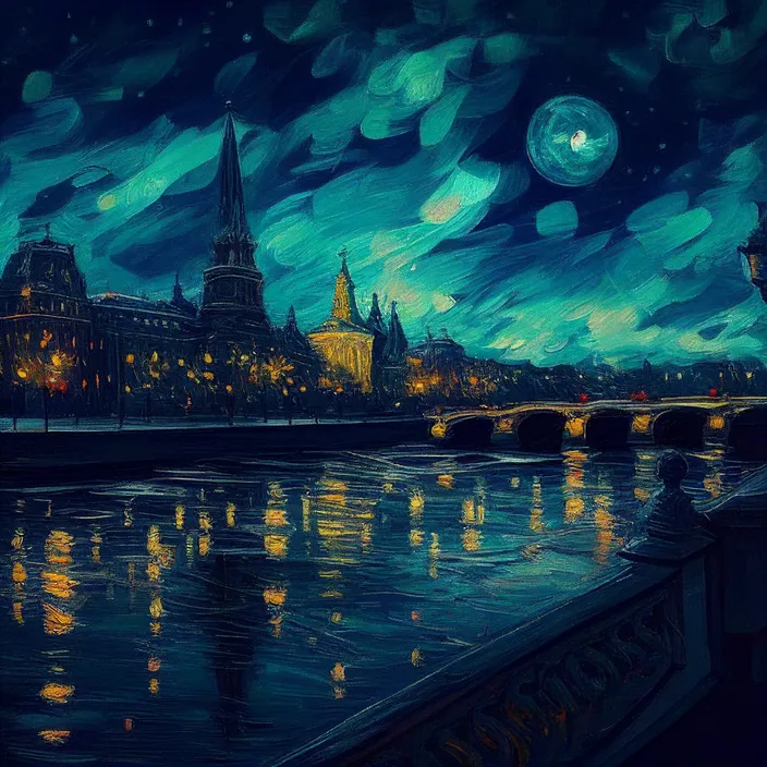 a painting of a river at night