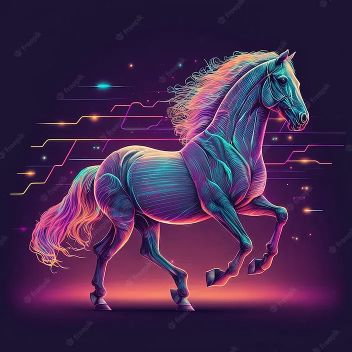 a neon horse running on a dark background premium vector