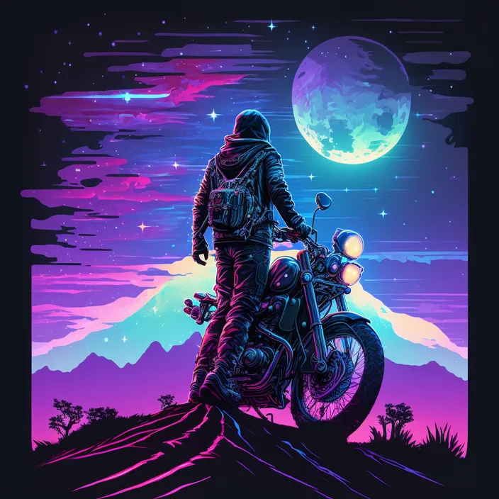 a man on a motorcycle looking at the moon