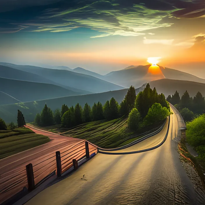 a road in the mountains with the sun setting behind it