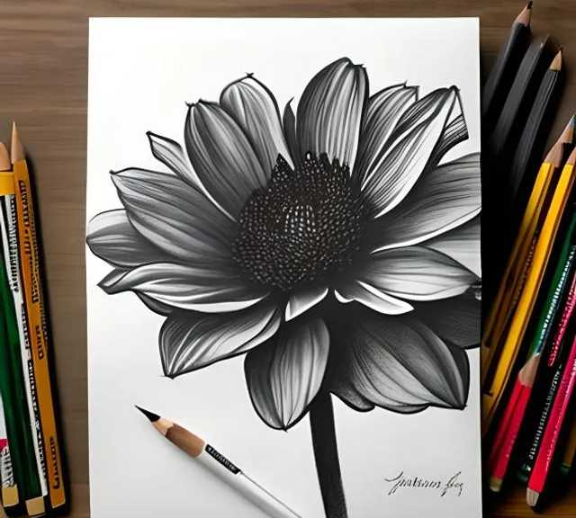 a black and white drawing of a sunflower