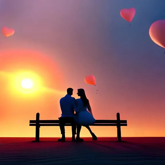 a couple sitting on a bench with balloons in the sky