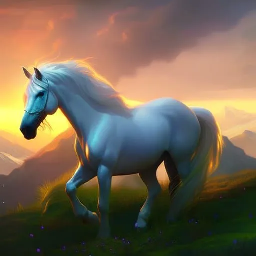 a white horse standing in a field at sunset