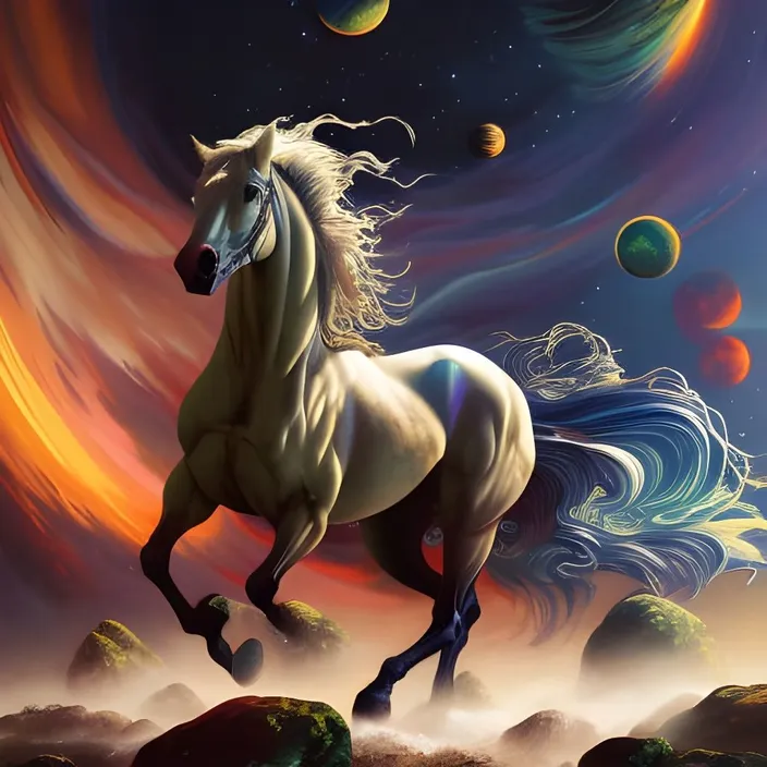 a horse running in space with planets in the background