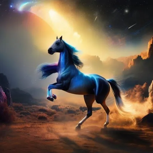 a horse is running in the desert with a planet in the background