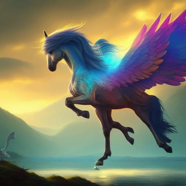 a unicorn with colorful wings flying over a lake