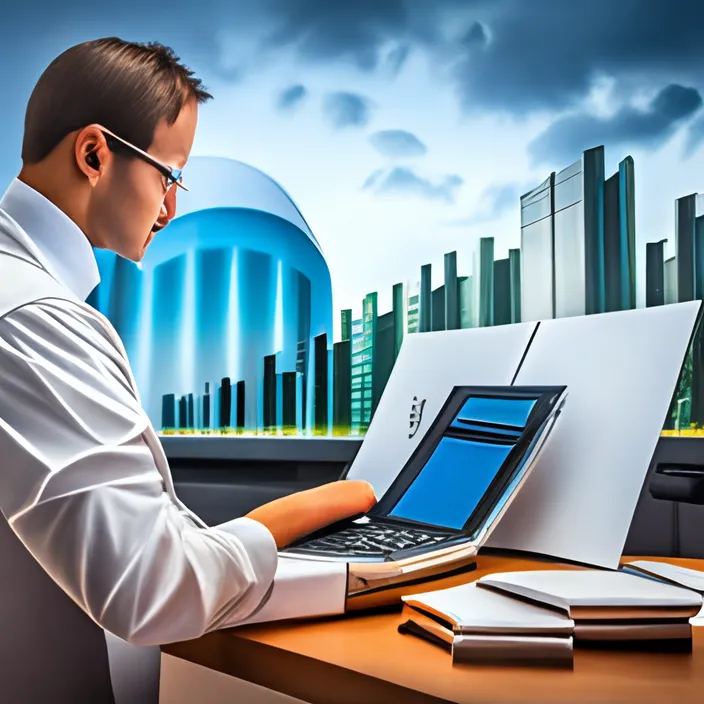 a man working on a laptop in front of a city