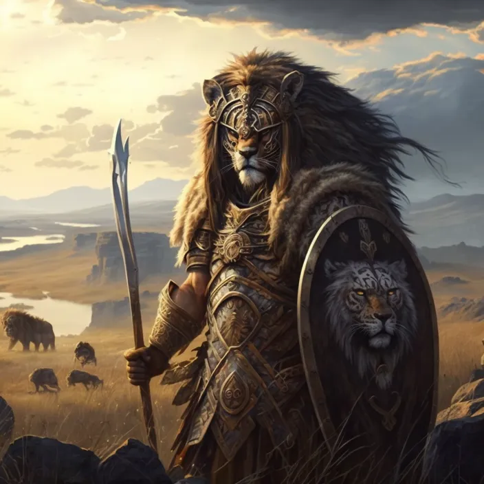 a warrior with a shield and a lion standing in a field