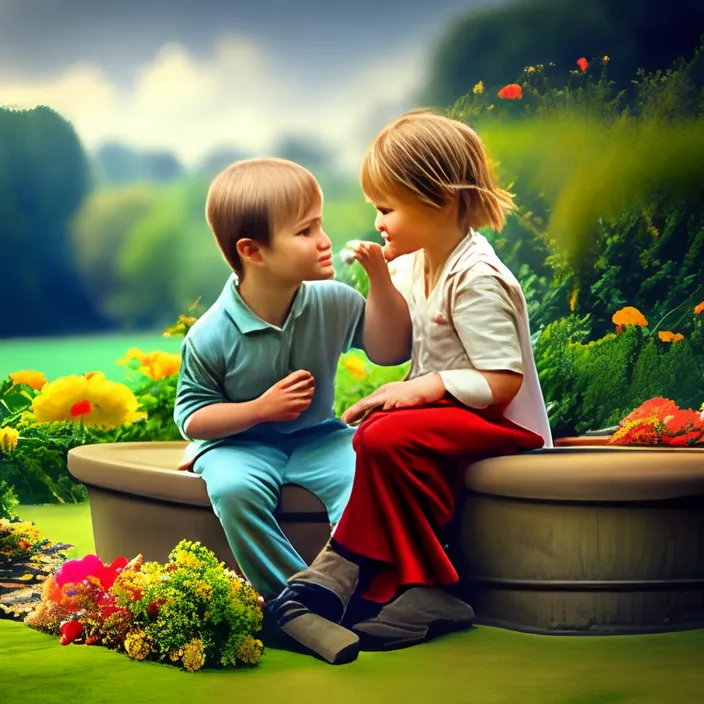 a boy and girl sitting on a bench in a garden