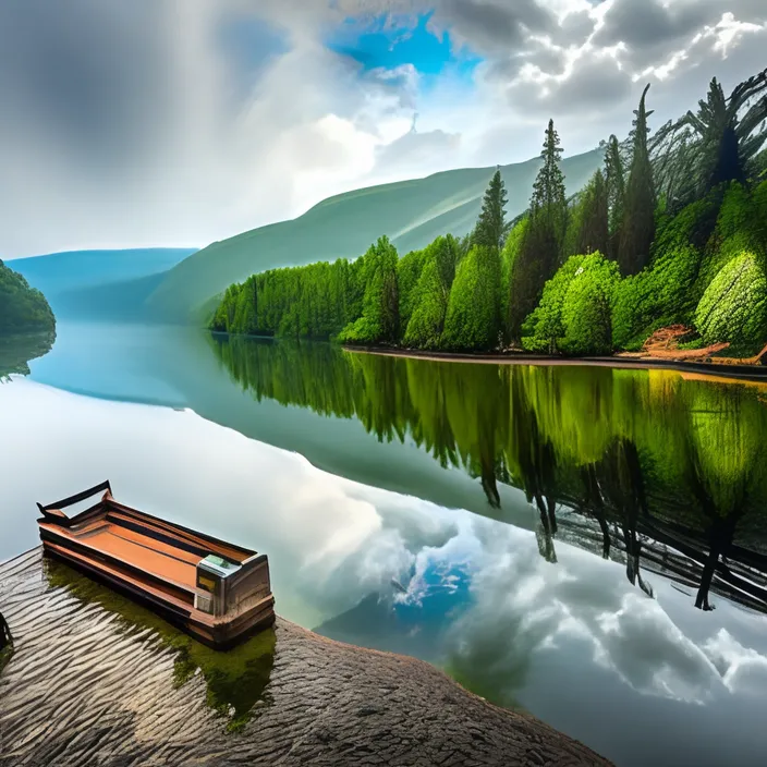 a boat is docked on a lake in a forest