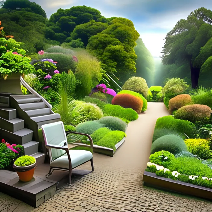 an image of a garden with a chair and steps