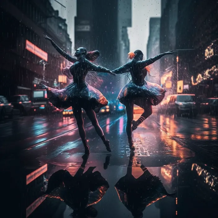 two dancers in the rain on a city street