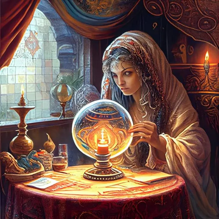 a painting of a woman looking at a crystal ball