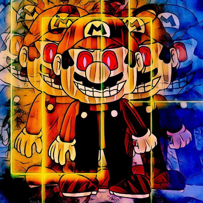 a painting of a mario character with red eyes