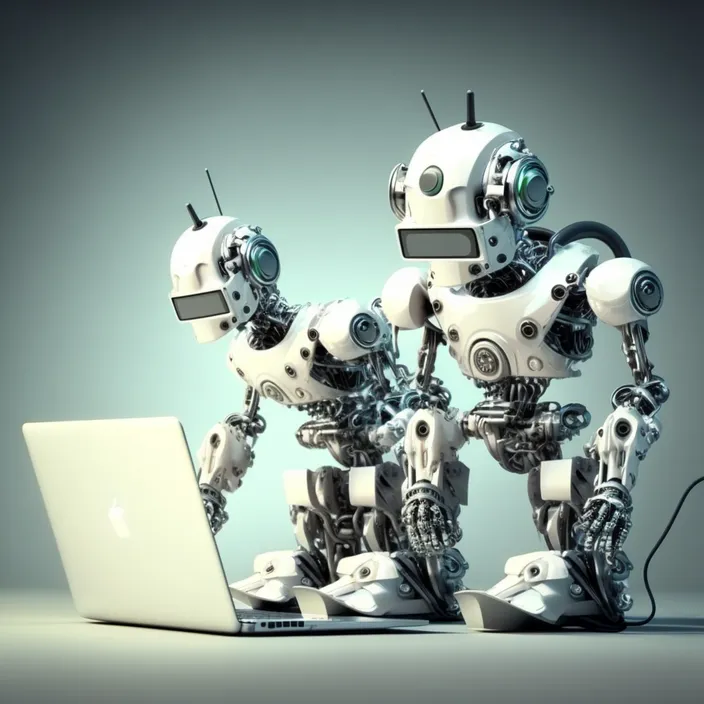 two robots standing next to a laptop computer