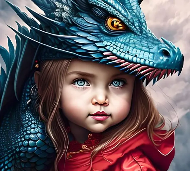 a painting of a little girl with a blue dragon on her head