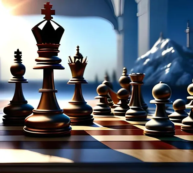 chess pieces on a chess board with mountains in the background