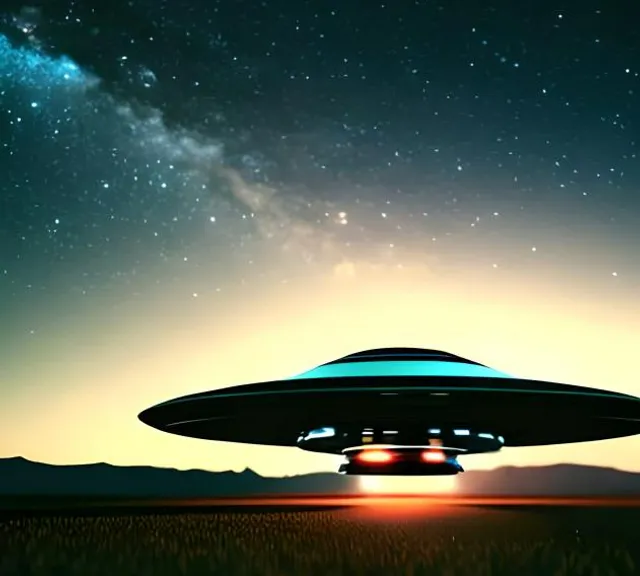 an ufo flying over a field with stars in the sky