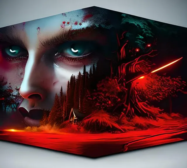 a cube with an image of a woman with red eyes