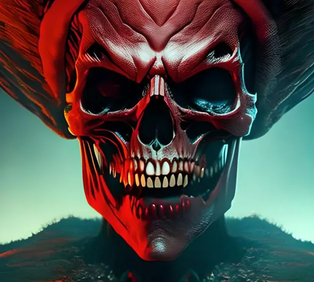 an image of a skull with red hair and horns