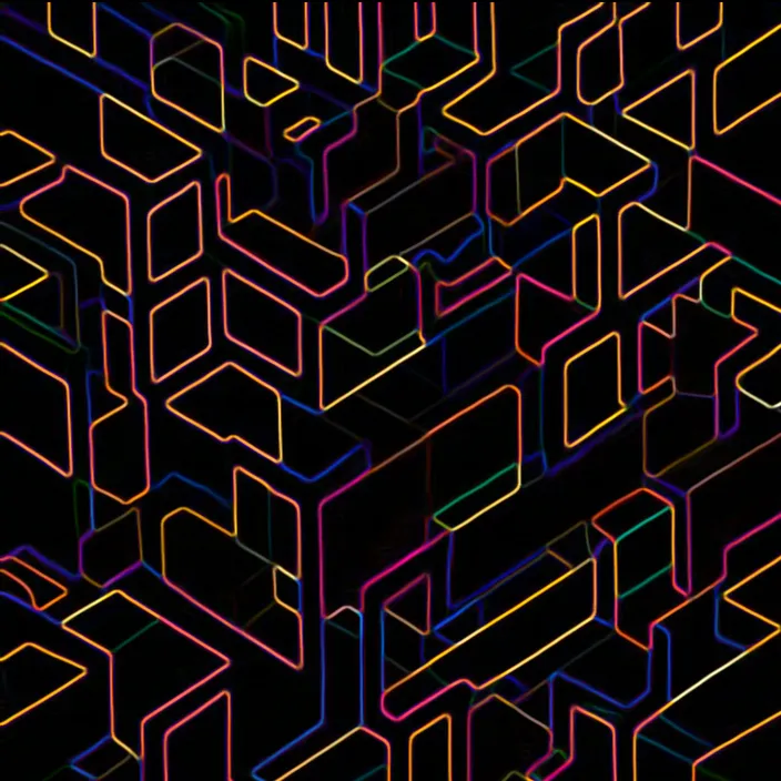 a black background with colorful lines and squares