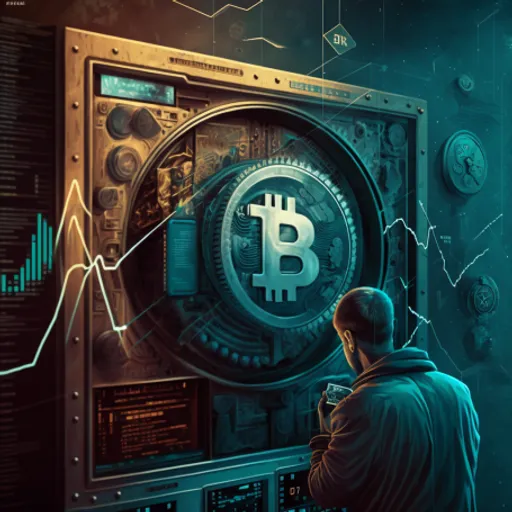 an illustration of a man looking at a bitcoin