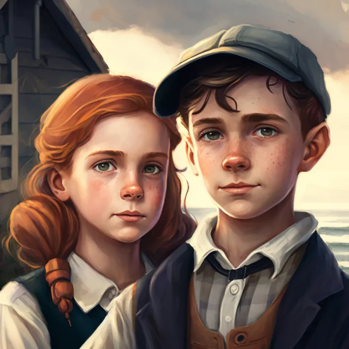 a painting of a boy and girl standing next to each other