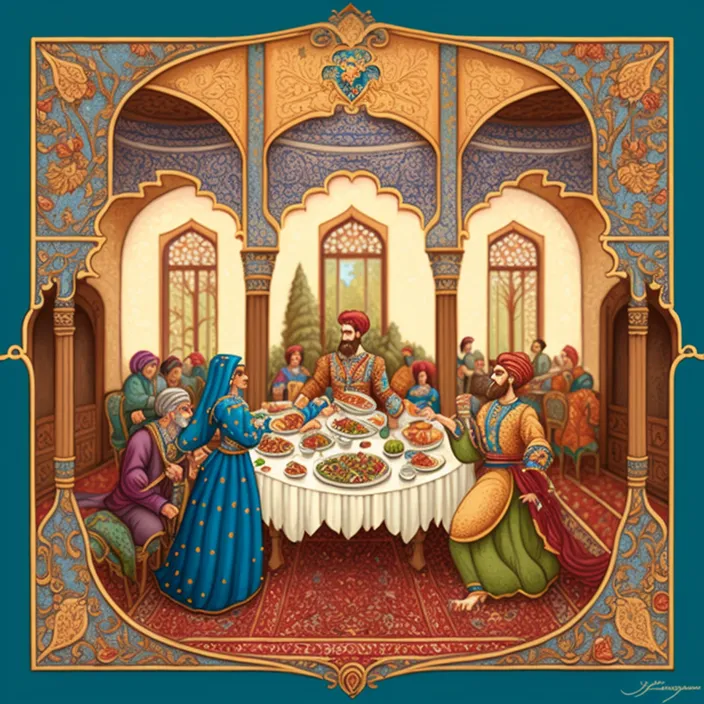 a painting of people eating in an ornate dining room