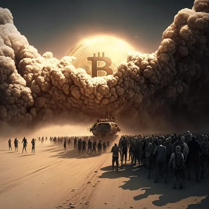 a group of people walking through a desert with a bitcoin in the sky