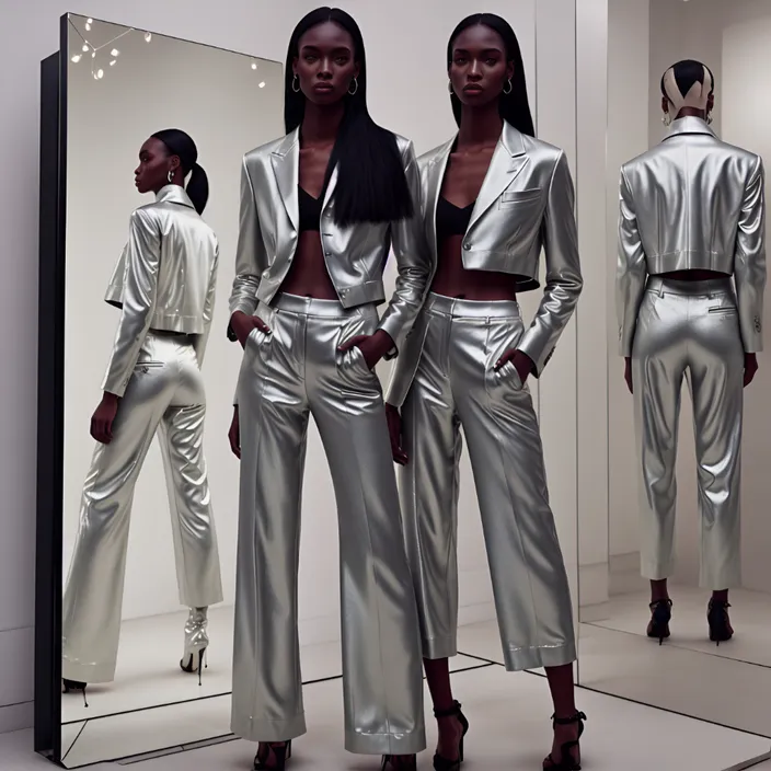 two women in silver suits standing in front of a mirror